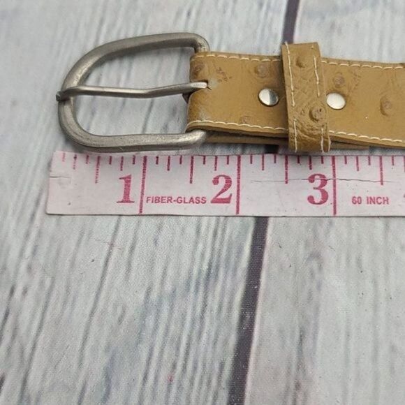 Vintage Tan Skinny Ostrich Print Classic Minimalist Belt - Picture 6 of 10
